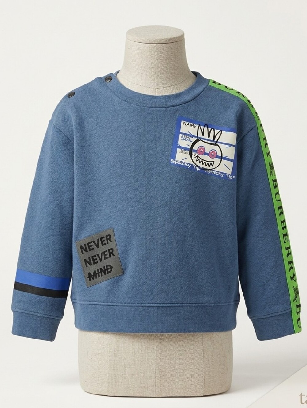 Burberry Kids Blue Graphic Crewneck Sweatshirt Neon Logo Sleeve Toddler Boys 3T